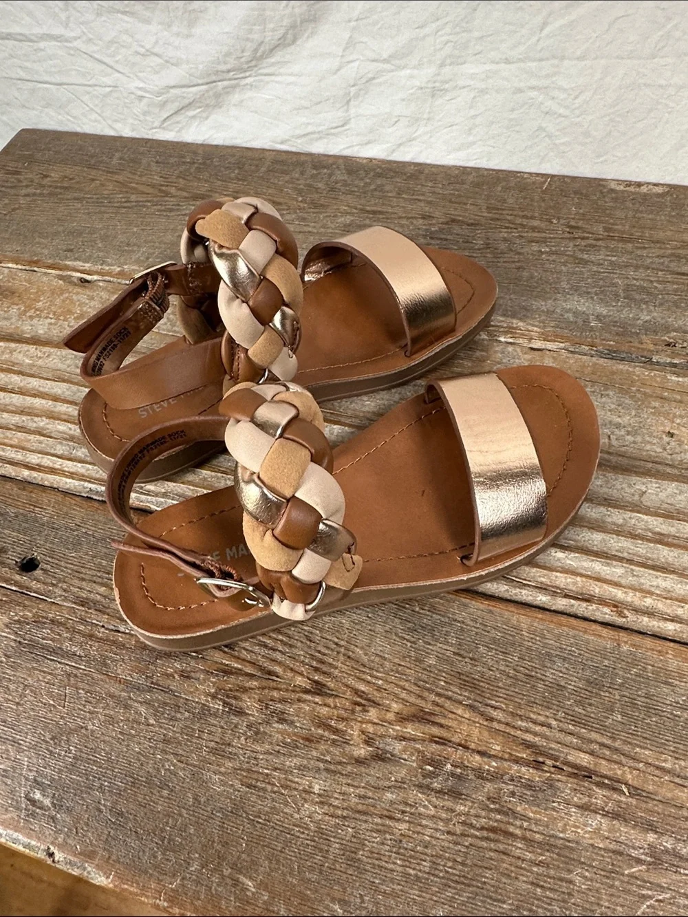 Steve Madden Girls Metallic Rose Gold and Tan Braided Strap Sandals